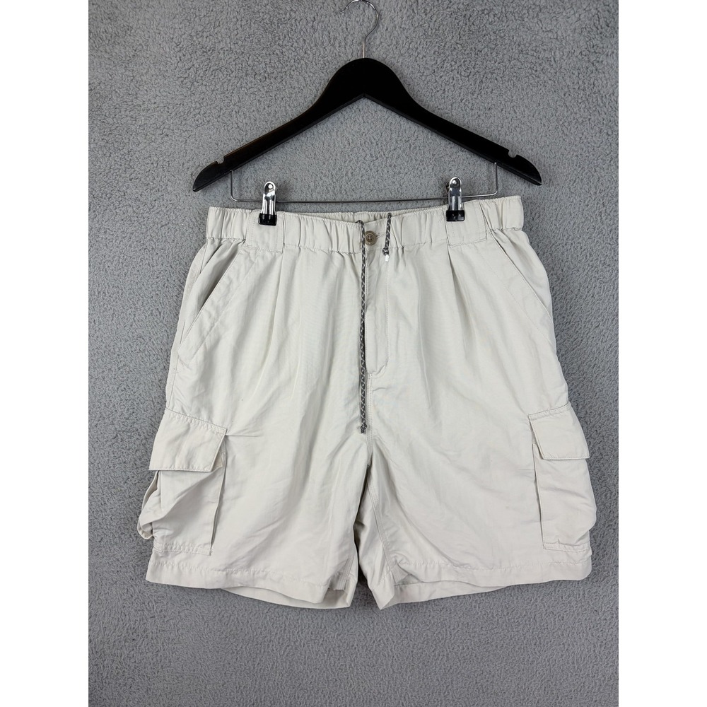 Simms Cargo Shorts Mens Large Beige Nylon Elastic Waist 7 Inseam Fishing Outdoor